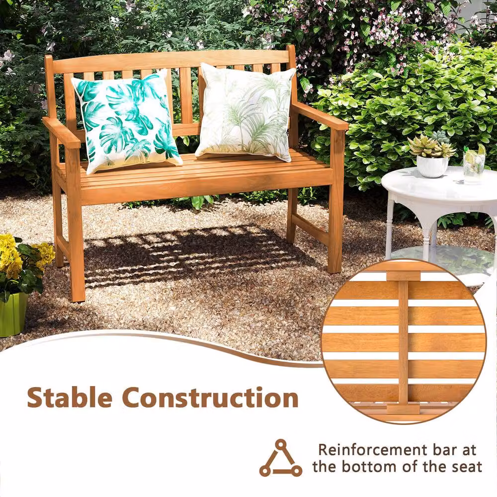 Gymax 2-Person Acacia Wood Outdoor Loveseat Bench with Armrests in Khaki – 3