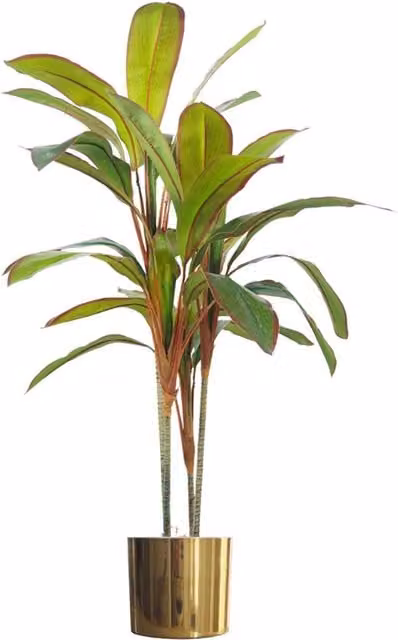 Artificial Potted Dracaena Tropical Plant with Gold Metal Planter in Green and Yellow