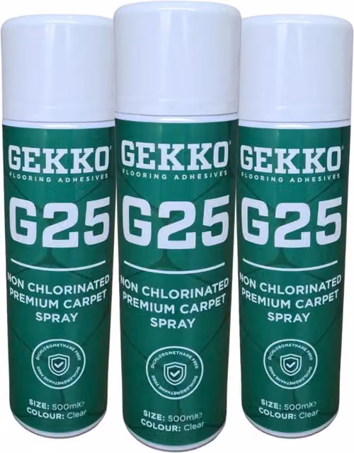 Gekko G25 Carpet and Fabric Spray Adhesive, 3 x 500ml, Clear, Non-Chlorinated, Low Odour and Fast Drying Contact Glue