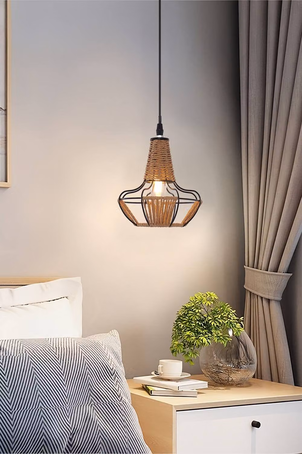 Living and Home Brown Woven Rattan Cage Pendant Light with Height Adjustment – 3