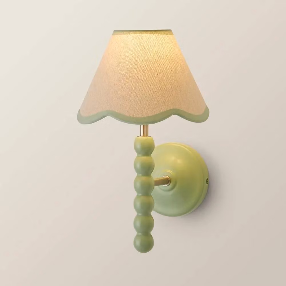 ValueLights Bobbins Green Wood Wall Light with Fabric Scallop Shade – 3