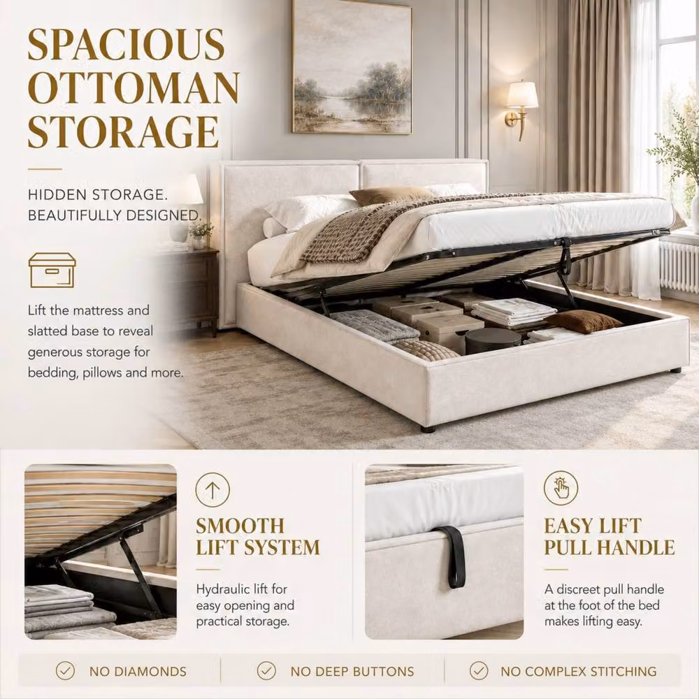 BTM Super King Ottoman Storage Bed in Beige Chenille Fabric, W/D/H: 180 x 200 cm – 3