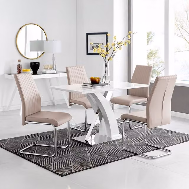 FurnitureboxUK Atlanta White High Gloss Rectangular Dining Table with X-Frame Legs and 4 Beige Faux Leather Lorenzo Dining Chairs Set