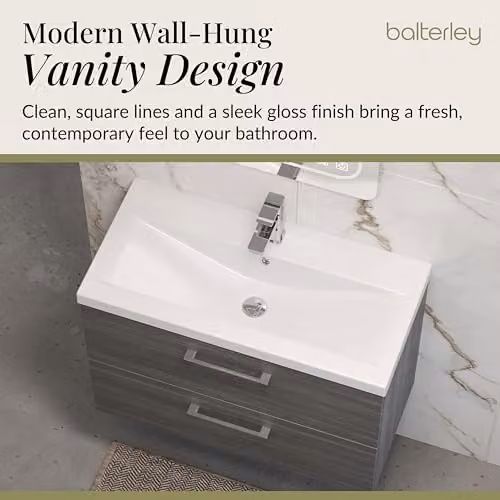 Balterley Wall Hung 2 Drawer Bathroom Vanity Unit with Basin in Woodgrain Anthracite, W: 81.0 cm, D: 39.0 cm, H: 57.9 cm – 3