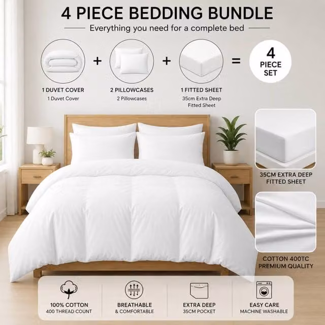 Pamposh White Egyptian Cotton Duvet Cover and Fitted Sheet Set, Double – 1