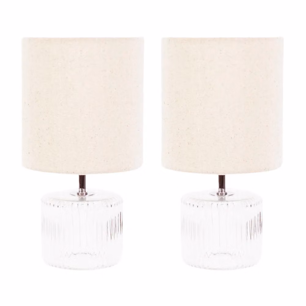 ValueLights Betty Pair of Transparent Glass Table Lamps with Grey Fabric Shades and Warm White LED Bulbs – 2