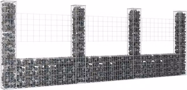Berkfield Home U-shape Silver Steel Gabion Basket with 4 Posts, W/D/H: 380 x 20 x 150 cm – 1