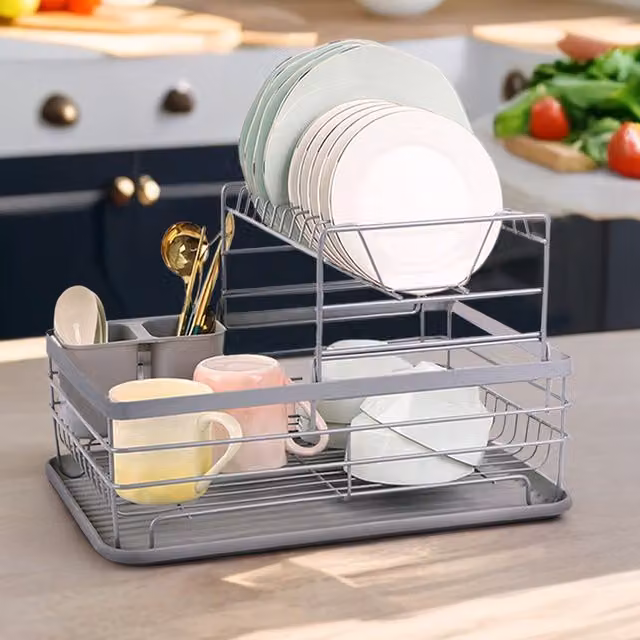 Livingandhome 2 Tier Metal Dish Drainer with Drip Tray and Cutlery Holder in Silver and Grey