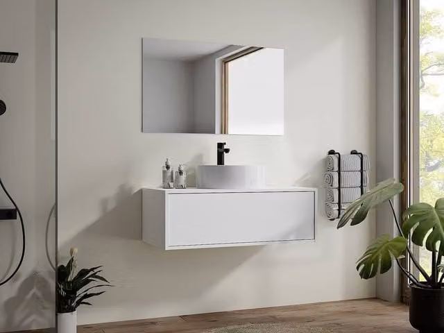 Vente-unique White Wall-Mounted Bathroom Vanity Unit with Single Round Basin, W/D/H: 94 x 47 x 32 cm