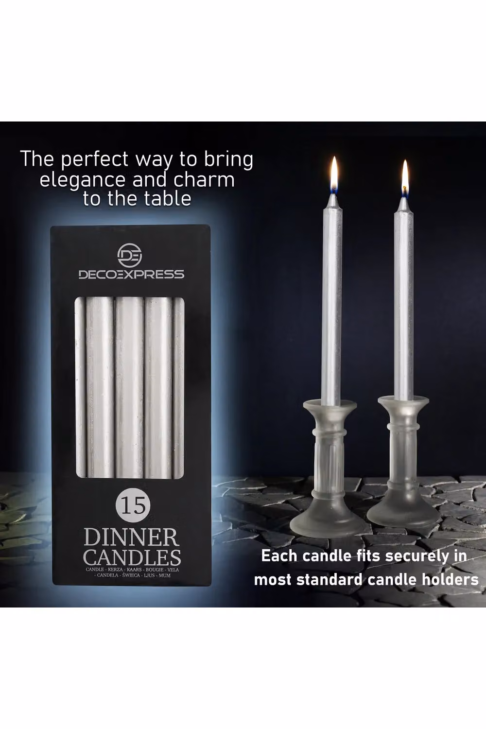 Deco Express Set of 15 Unscented Dripless Tapered Candles in Silver – 8