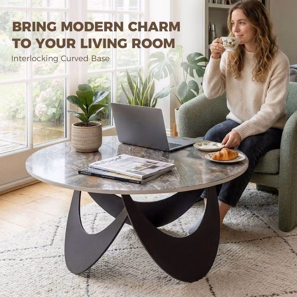 HOMCOM Modern Round Coffee Table with Sintered Stone Top in Brown and Black, W/D/H: 80 x 80 x 40 cm – 4