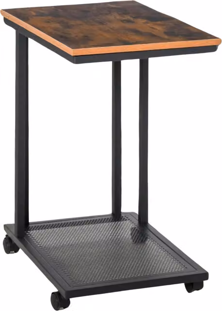 Pirlo Plush Industrial C Shaped Side Table with Mesh Shelf and Castors, Brown