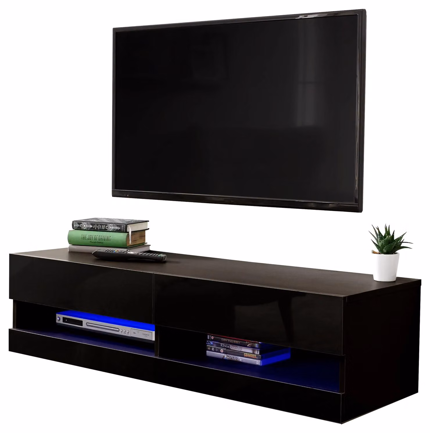 GFW Galicia Black Glossy Wall Mounted TV Unit with LED Lighting, 120cm – 3