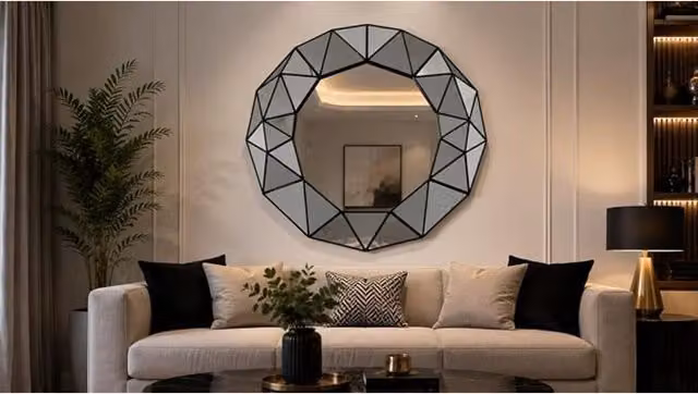 DEENZ Art Deco Geometric 3D Prism Gold Wall Mirror, W: 60 cm, H: 59 cm