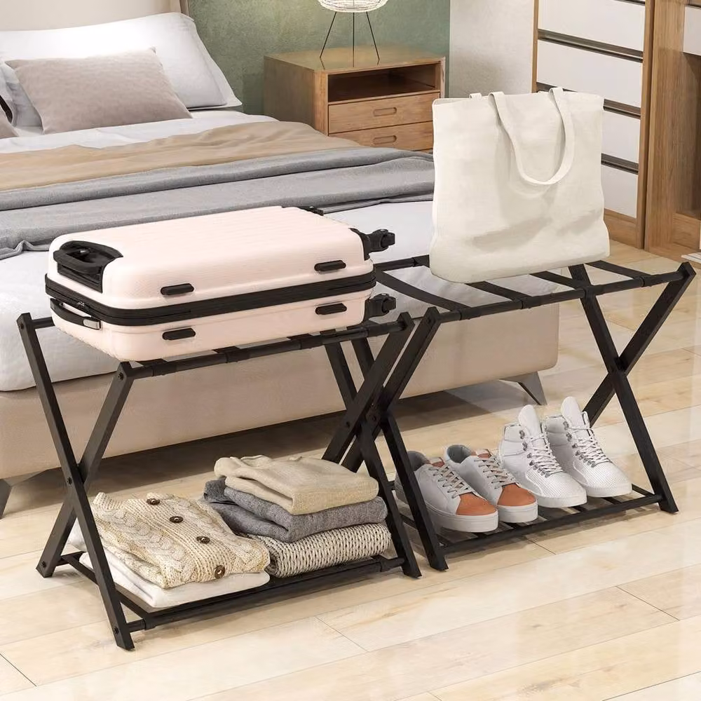 VOGREX Black Metal Folding Luggage Rack with Shelf – 4