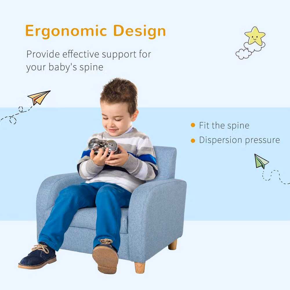 STILVORA Children's Armchair with Blue Fabric and Solid Rubberwood Frame – 2