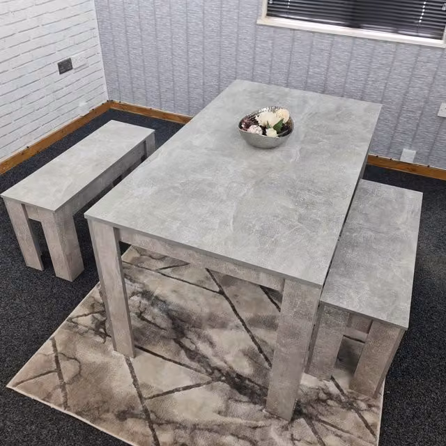 KOSY KOALA Stone Grey Effect Wooden Dining Table and 2 Benches Set in Brown and Grey