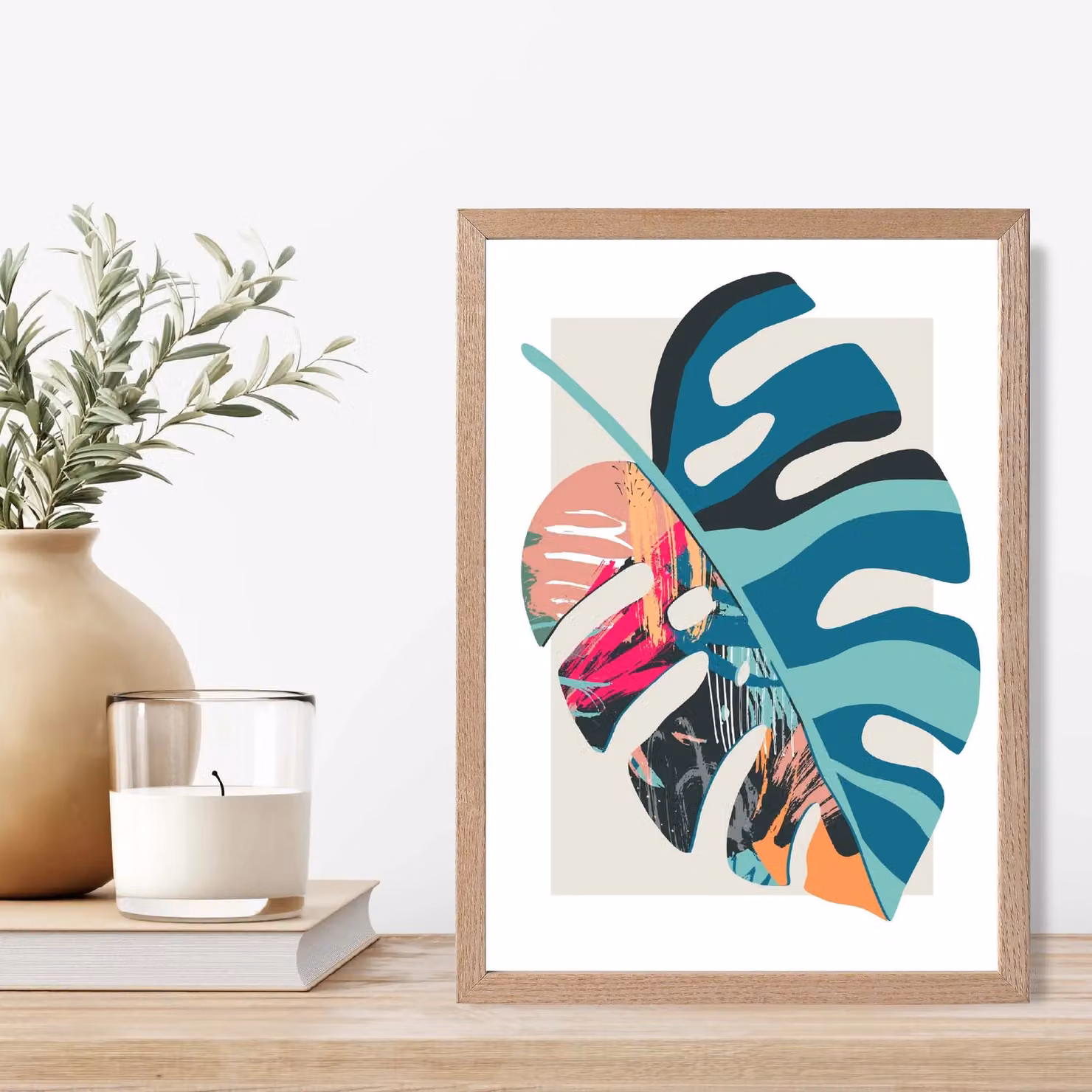 ARTZE Monstera Blue and Pink Boho Botanical Framed Print with Oak Frame in Mid Blue, A4 – 2