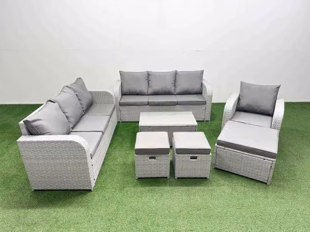 Fimous 10 Seater Poly Rattan Garden Furniture Set in Light Grey with Upholstered Cushions, 3 Seater Sofas, Reclining Chairs, Ottomans and Coffee Table