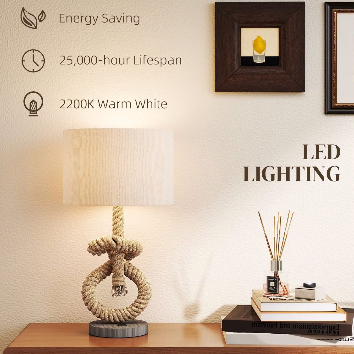HOMCOM Maritime LED Table Lamp with Touch Control and Warm White Light, Beige and Brown – 4