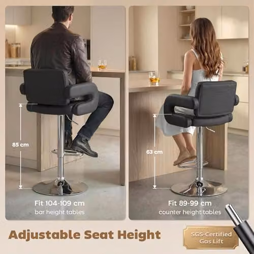 HOMCOM Set of 2 Black PU Leather Adjustable Bar Stools with Armrests and 360 Degree Swivel – 3