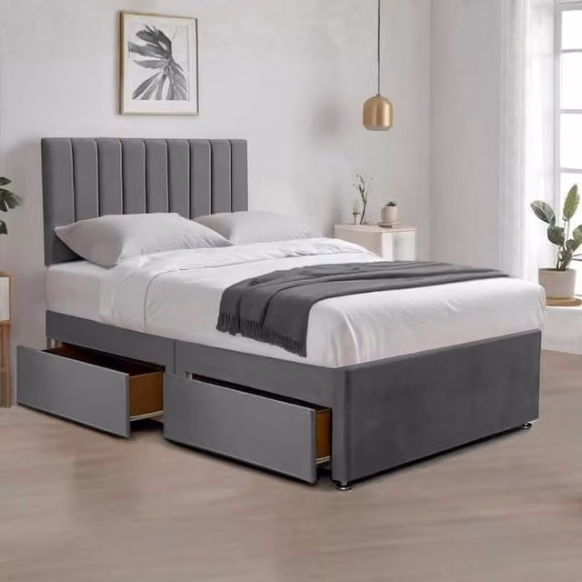 Bed Time UK Relaxing Plush Grey Velvet Divan Bed with Mattress, 2 Drawers and 20 inch Headboard, W/D/H: 90 x 200 cm