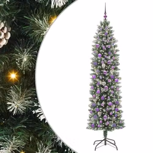 vidaXL Artificial Slim Christmas Tree in Green and White, Height: 210 cm – 1
