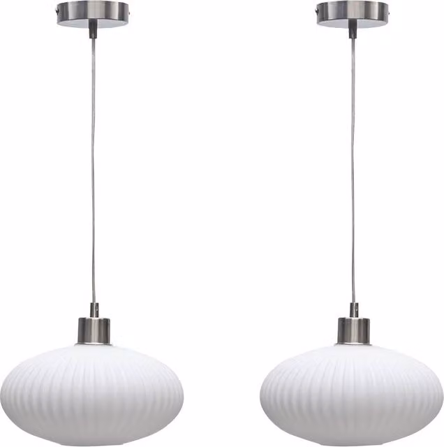 First Choice Lighting Set of 2 Modern Round Suspended Kitchen and Dining Ceiling Lights in Silver and White Glass