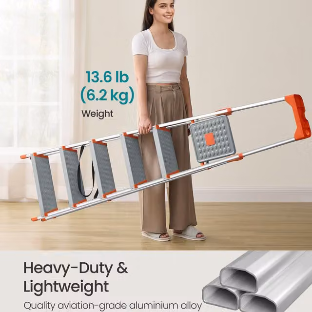 SONGMICS 6-Step Aluminium Step Ladder with Tool Tray and Rubber Feet, Grey