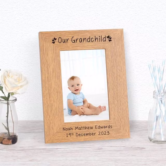 Uniqueful Personalised Grandchild Photo Frame in Brown Wood, W/H: 19.5 x 24.5 cm