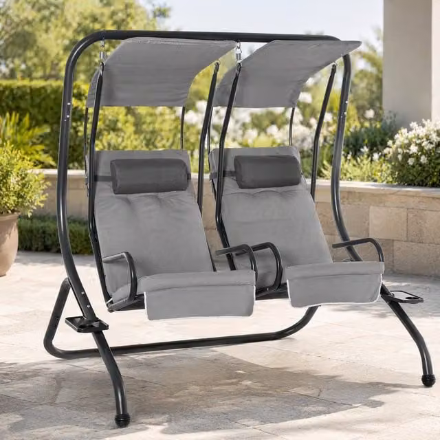 STILVORA 2 Seater Garden Swing Chair with Sun Canopy and Cushions in Grey