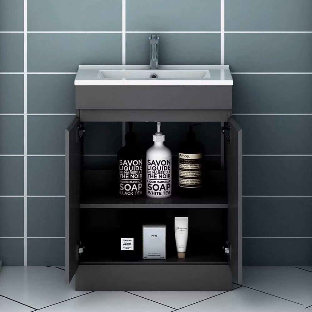 FORGEVIO Grey Modern Freestanding Bathroom Vanity Unit with Basin and LED Lighting – 5