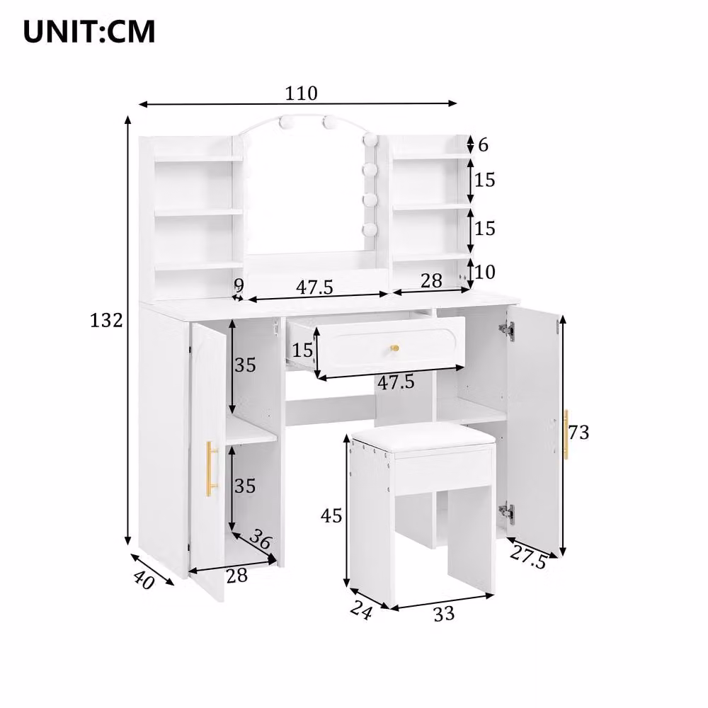 FENCHILIN Modern White Dressing Table and Stool Set with Hollywood LED Lighting Mirror – 3