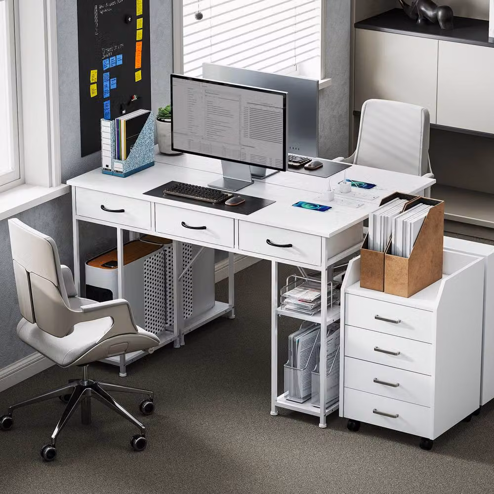 Rolipo Modern White Computer Desk with 3 Drawers and 4 Shelves, Width: 120 cm – 5