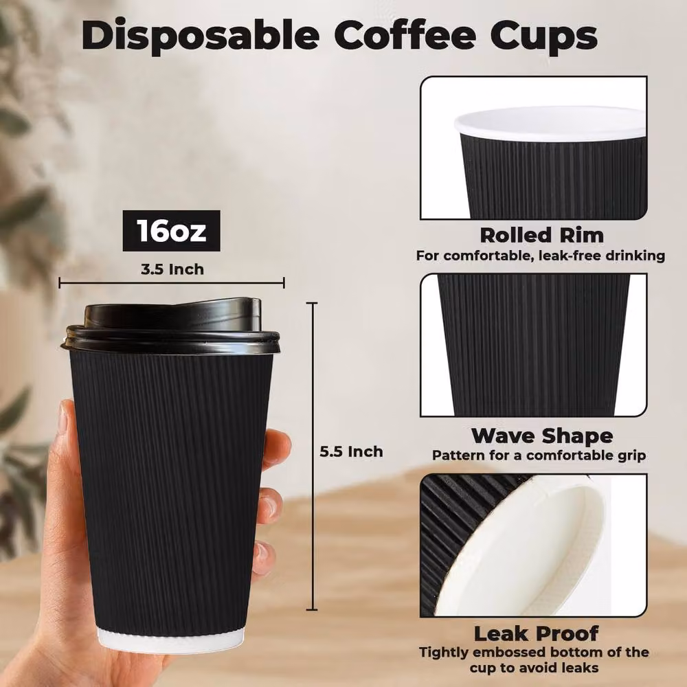 ECONX 100 Pack Disposable Triple Layer Paper Coffee Cups with Lids, Black, 16oz – 2