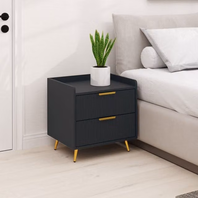 HOMCOM Modern Black and Gold Bedside Table with Striped Drawers