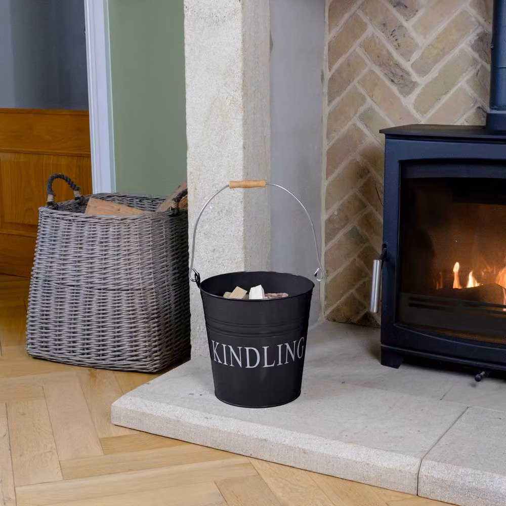 JVL Lavenby Kindling Steel Bucket with Wooden Handle, Black – 4