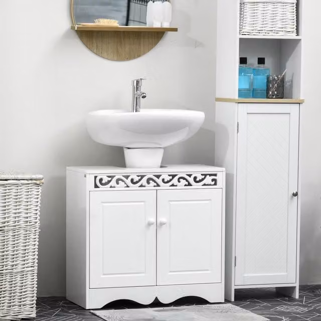 HOMCOM Modern White Wooden Under Sink Bathroom Storage Cabinet with Hinged Double Doors and Internal Shelves
