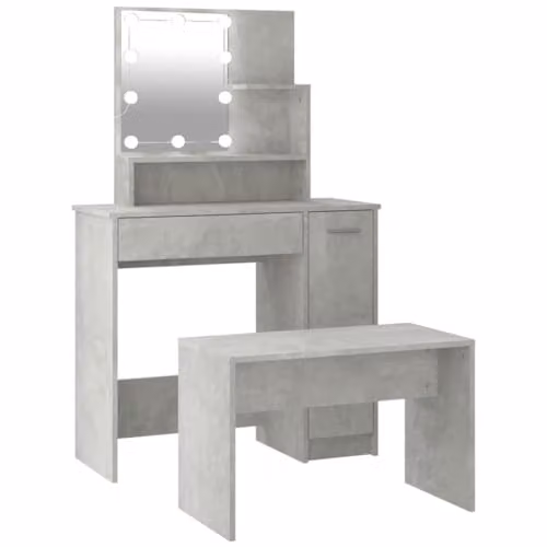 vidaXL Dressing Table Set with LED Mirror in Concrete Grey Engineered Wood, W/D/H: 136.0 x 35.0 x 86.5 cm