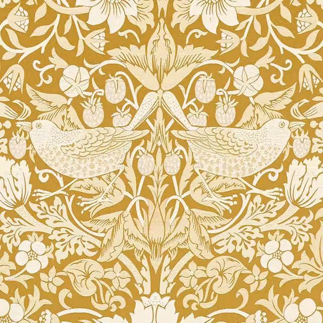 William Morris Strawberry Thief Floral Jacquard Polyester Fabric in Chartreuse Yellow