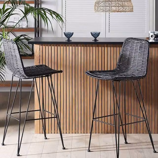 Wyld and Coco Set of 2 Black Rattan Bar Chairs with Matt Powder-Coated Metal Frames – 1