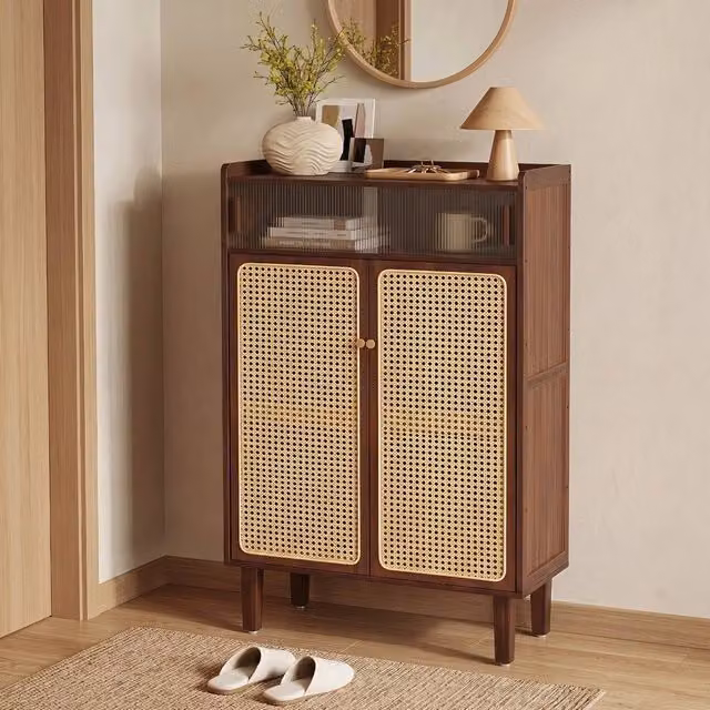 SPETLEK Wooden Shoe Storage Cabinet in Brown Walnut with Rattan Sliding Doors and Internal Shelves – 1