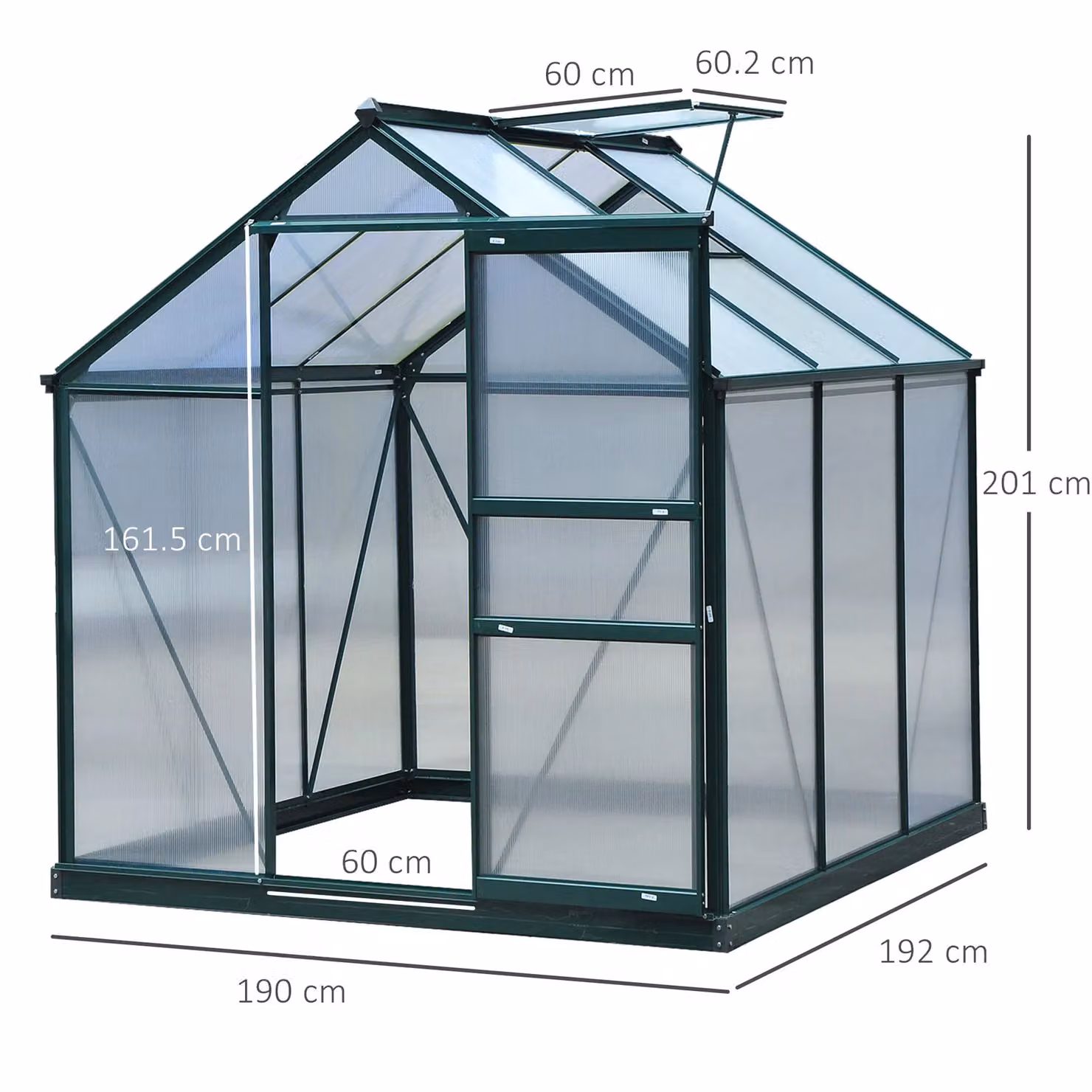 OUTSUNNY Walk-In Polycarbonate Greenhouse with Galvanised Aluminium Frame in Dark Green, W/D/H: 190 x 192 x 201 cm – 3