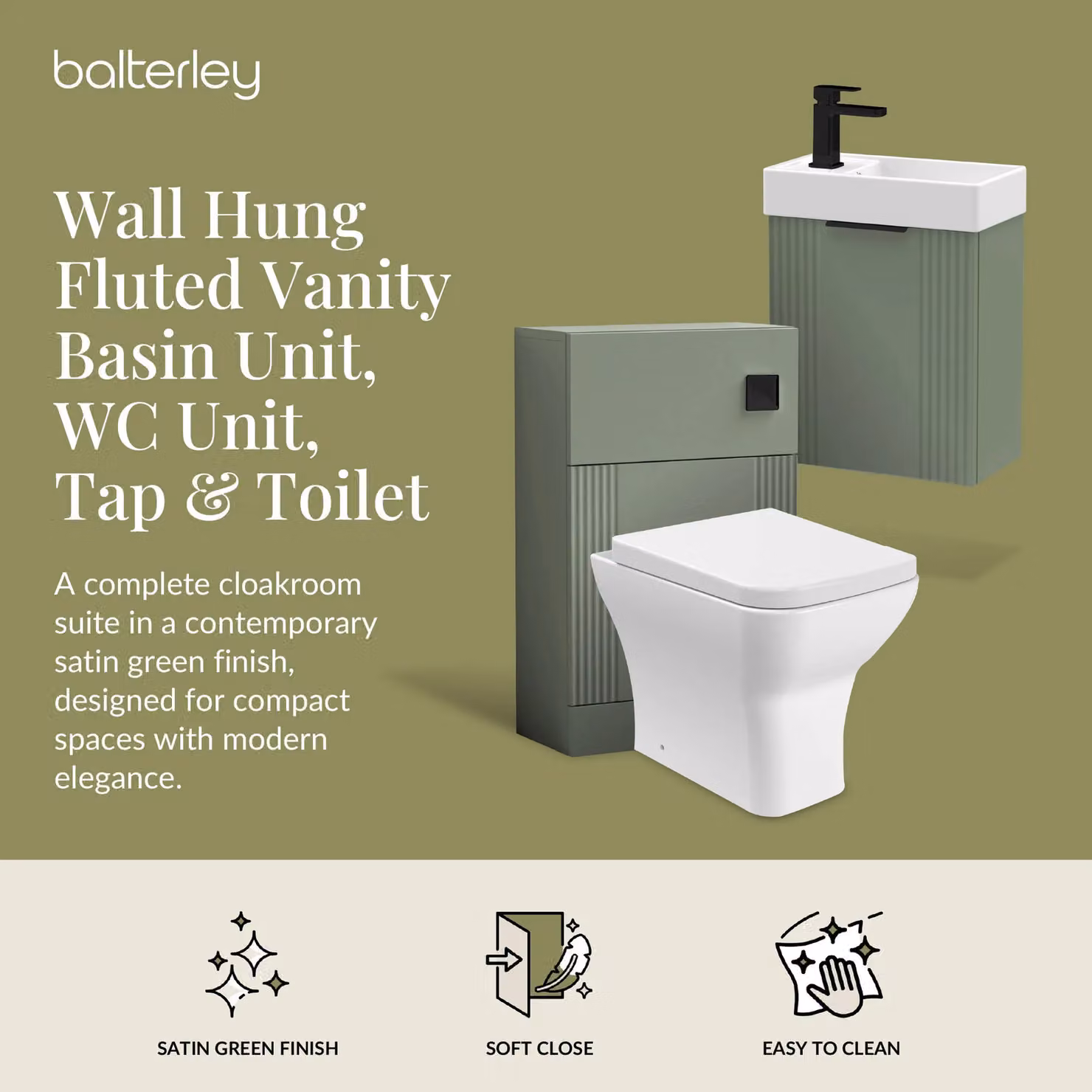 Balterley Wall Hung Cloakroom Suite with Vanity, Toilet and Tap Set in Matt Green and Black – 2