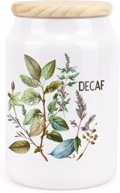 Purely Home Watercolour Herbs Floral Ceramic Decaf Storage Canister in Green and White