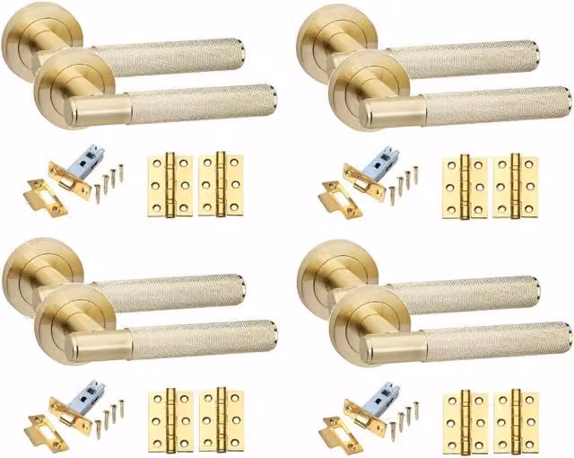 Golden Grace 4 Set Knurled T-Bar Internal Door Handles with Rose in Gold Brass