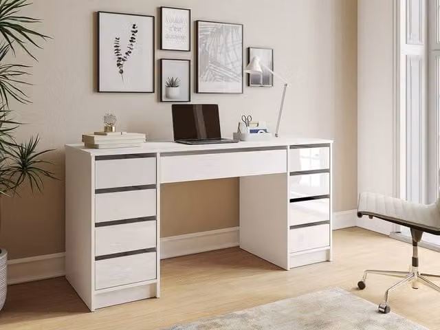 JENEMI Gloss White Writing Desk with 9 Drawers, W/D/H: 152.3 x 53.6 x 76.0 cm – 1