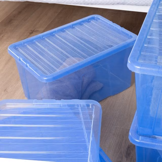 Wham Crystal Sparkle 60L Plastic Storage Boxes with Lids, Tint Sparkle Blue, Pack of 4