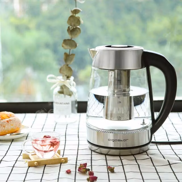 Aigostar Silver Electric Glass and Stainless Steel Tea Kettle with Temperature Control and Keep Warm Function