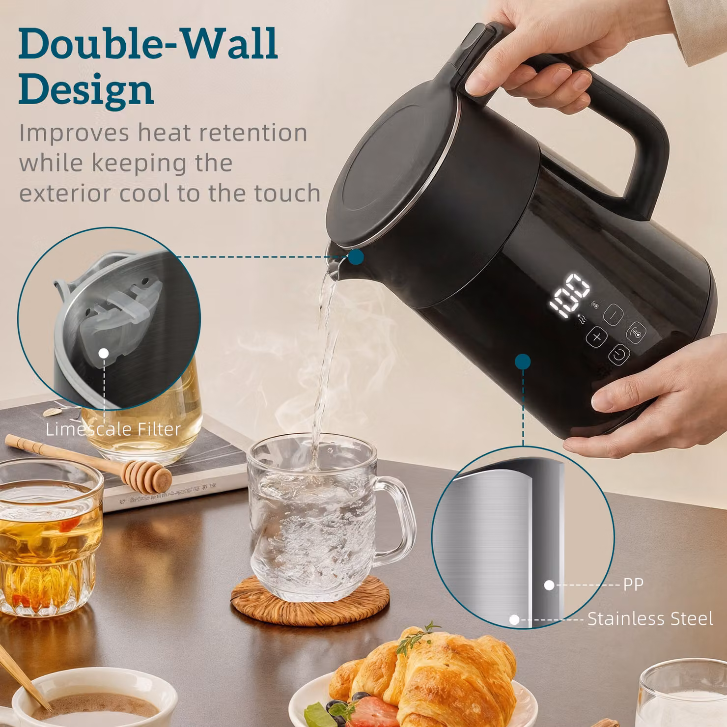 HOMCOM Electric Kettle, 1.7 l Fast Boil 3 kW Water Kettle with UK Strix Thermostat, LED Display and Keep Warm Function, Black – 7